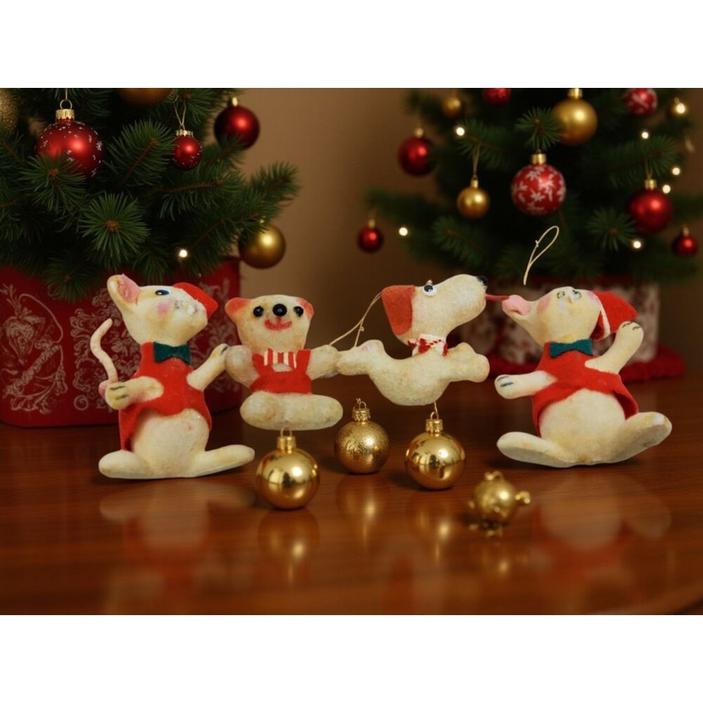 vintage 1950s-60s set of 4 flock animal christmas ornaments